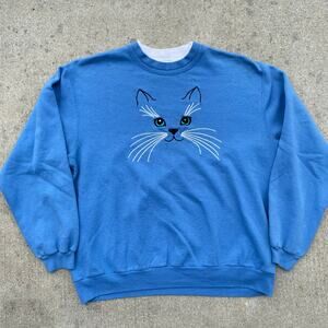 Vintage Day Breeze Cat Sweatshirt Blue Graphic Crewneck 21.5x24